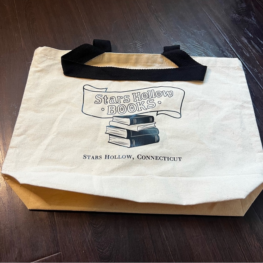 Gilmore Girls Stars Hollow Books Canvas Tote Bag in Cream with Black Handles